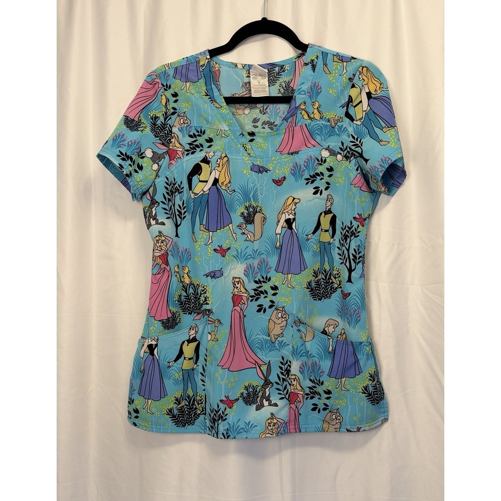 Disney Princess Sleeping Beauty & Aurora Women's Small Scrub Top V-neck